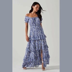 ASTR the Label Blue Floral Viona Off the Shoulder Maxi Dress XS